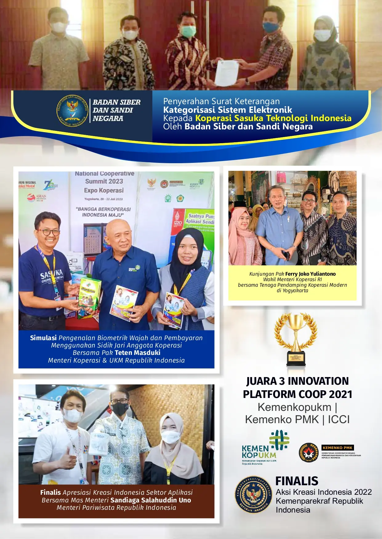 Penghargaan dan sertifikasi Sasuka: Juara 3 Innovation Platform Coop 2021, Finalis AKI 2022, sertifikasi BSSN